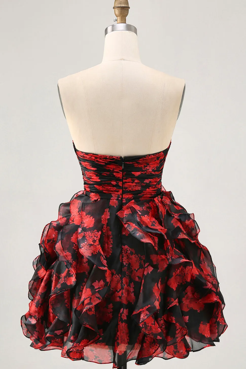 Preto vermelho sem alças babados estampado recorte para fora vestido de volta para casa