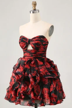 Preto vermelho sem alças babados estampado recorte para fora vestido de volta para casa