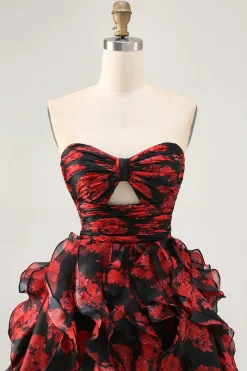Preto vermelho sem alças babados estampado recorte para fora vestido de volta para casa