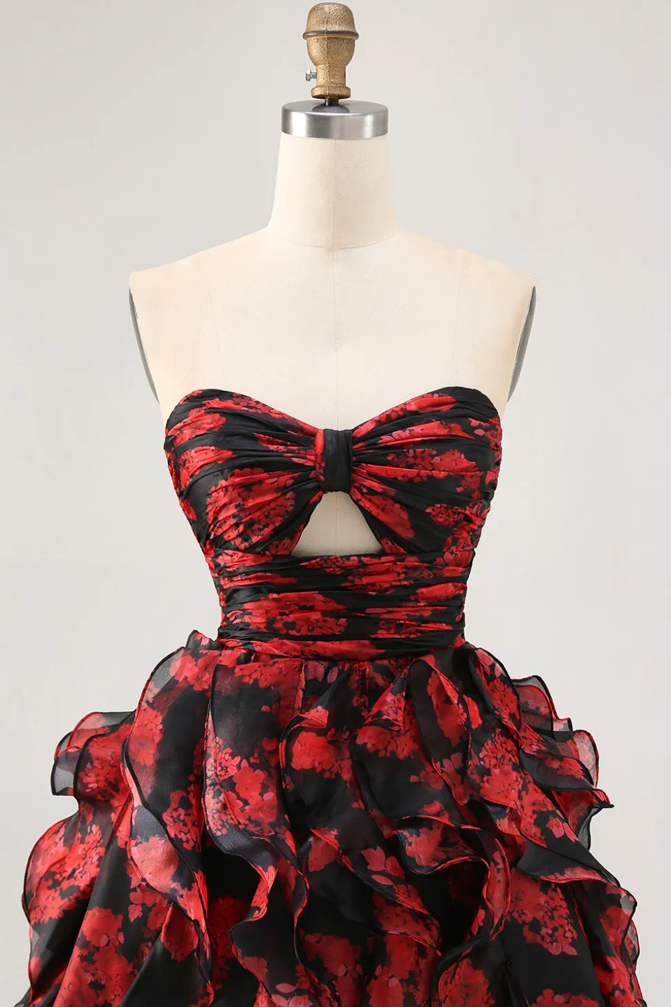 Preto vermelho sem alças babados estampado recorte para fora vestido de volta para casa