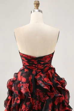 Preto vermelho sem alças babados estampado recorte para fora vestido de volta para casa