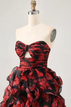 Preto vermelho sem alças babados estampado recorte para fora vestido de volta para casa
