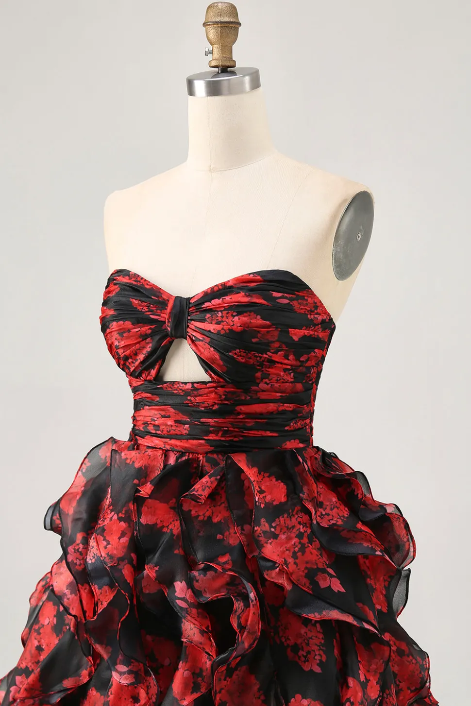 Preto vermelho sem alças babados estampado recorte para fora vestido de volta para casa