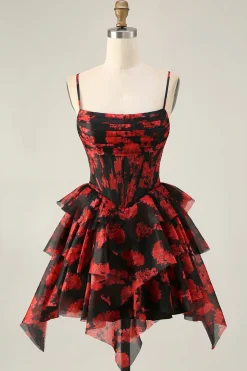 Preto Vermelho Uma Linha Cowl Neck Corset Tiered Short Homecoming Dress