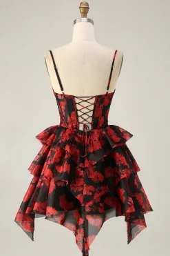 Preto Vermelho Uma Linha Cowl Neck Corset Tiered Short Homecoming Dress