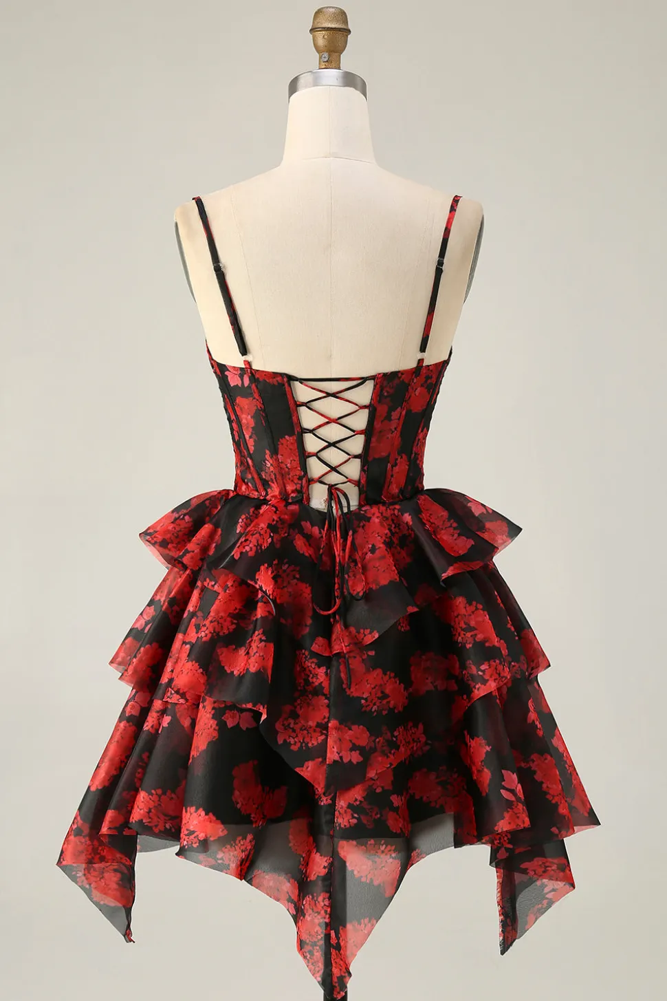 Preto Vermelho Uma Linha Cowl Neck Corset Tiered Short Homecoming Dress