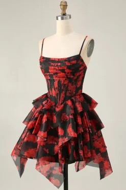 Preto Vermelho Uma Linha Cowl Neck Corset Tiered Short Homecoming Dress