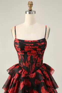 Preto Vermelho Uma Linha Cowl Neck Corset Tiered Short Homecoming Dress