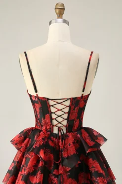 Preto Vermelho Uma Linha Cowl Neck Corset Tiered Short Homecoming Dress