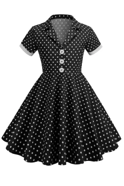 Preto Vintage Pontos de Polka Vestido de Menina