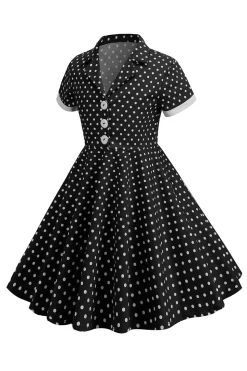 Preto Vintage Pontos de Polka Vestido de Menina