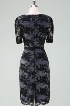 Preto V-Neck Lace Bainha Midi Mãe do Vestido da Noiva com Mangas Curtas