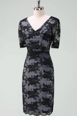 Preto V-Neck Lace Bainha Midi Mãe do Vestido da Noiva com Mangas Curtas