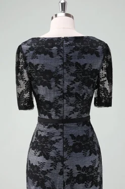Preto V-Neck Lace Bainha Midi Mãe do Vestido da Noiva com Mangas Curtas