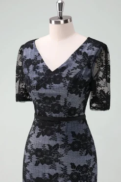 Preto V-Neck Lace Bainha Midi Mãe do Vestido da Noiva com Mangas Curtas