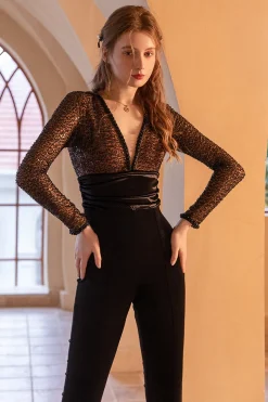 Preto V-Neck lantejoulas macacão longo com mangas compridas