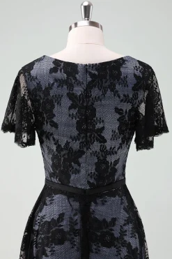 Preto V-neck mangas curtas renda A-Line mãe de vestido de noiva