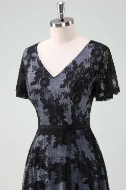 Preto V-neck mangas curtas renda A-Line mãe de vestido de noiva