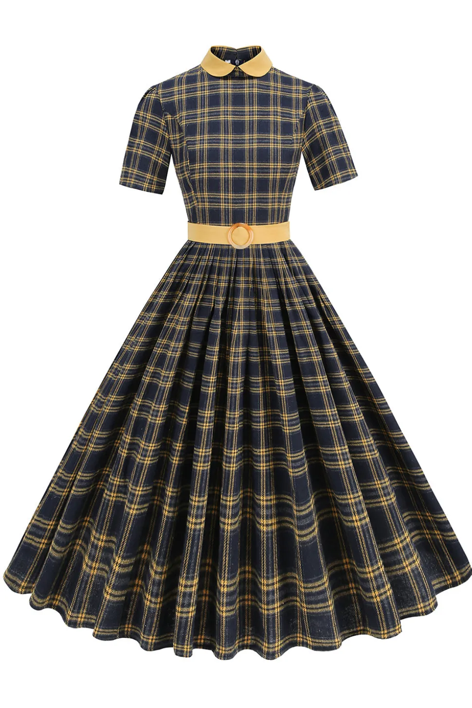 Preto xadrez A-Line Peter Pan Collar Midi Vestido dos anos 1950