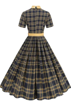 Preto xadrez A-Line Peter Pan Collar Midi Vestido dos anos 1950