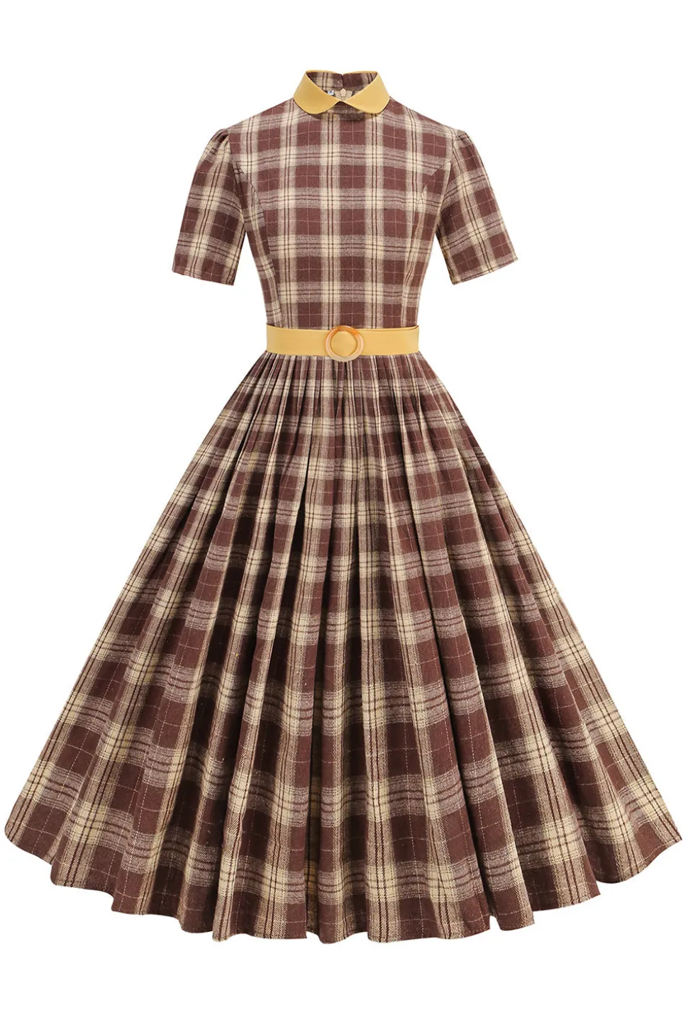 Preto xadrez A-Line Peter Pan Collar Midi Vestido dos anos 1950
