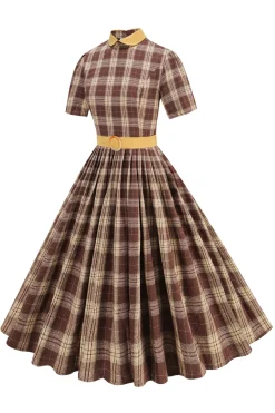 Preto xadrez A-Line Peter Pan Collar Midi Vestido dos anos 1950