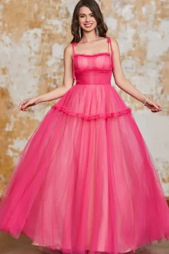 Princesa A Line Spaghetti Correias Fuchsia Vestido Longo de Baile com Folhos