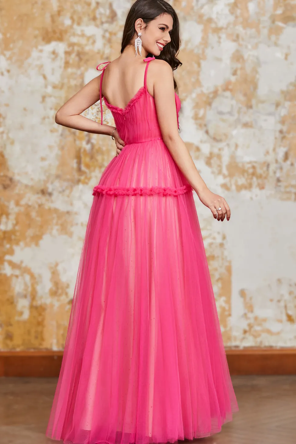 Princesa A Line Spaghetti Correias Fuchsia Vestido Longo de Baile com Folhos
