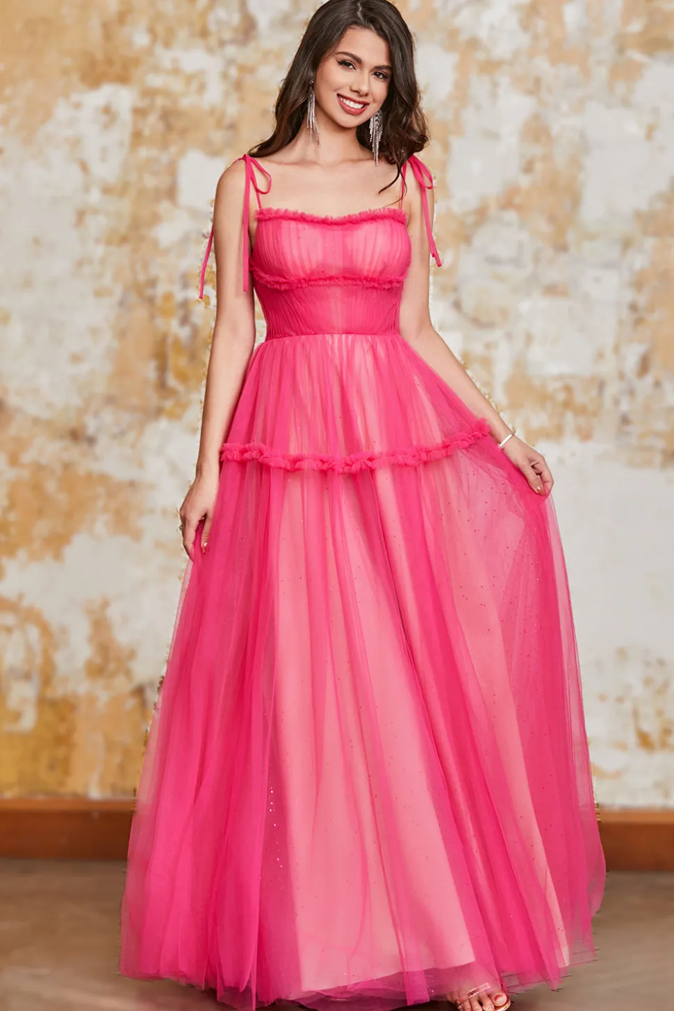 Princesa A Line Spaghetti Correias Fuchsia Vestido Longo de Baile com Folhos