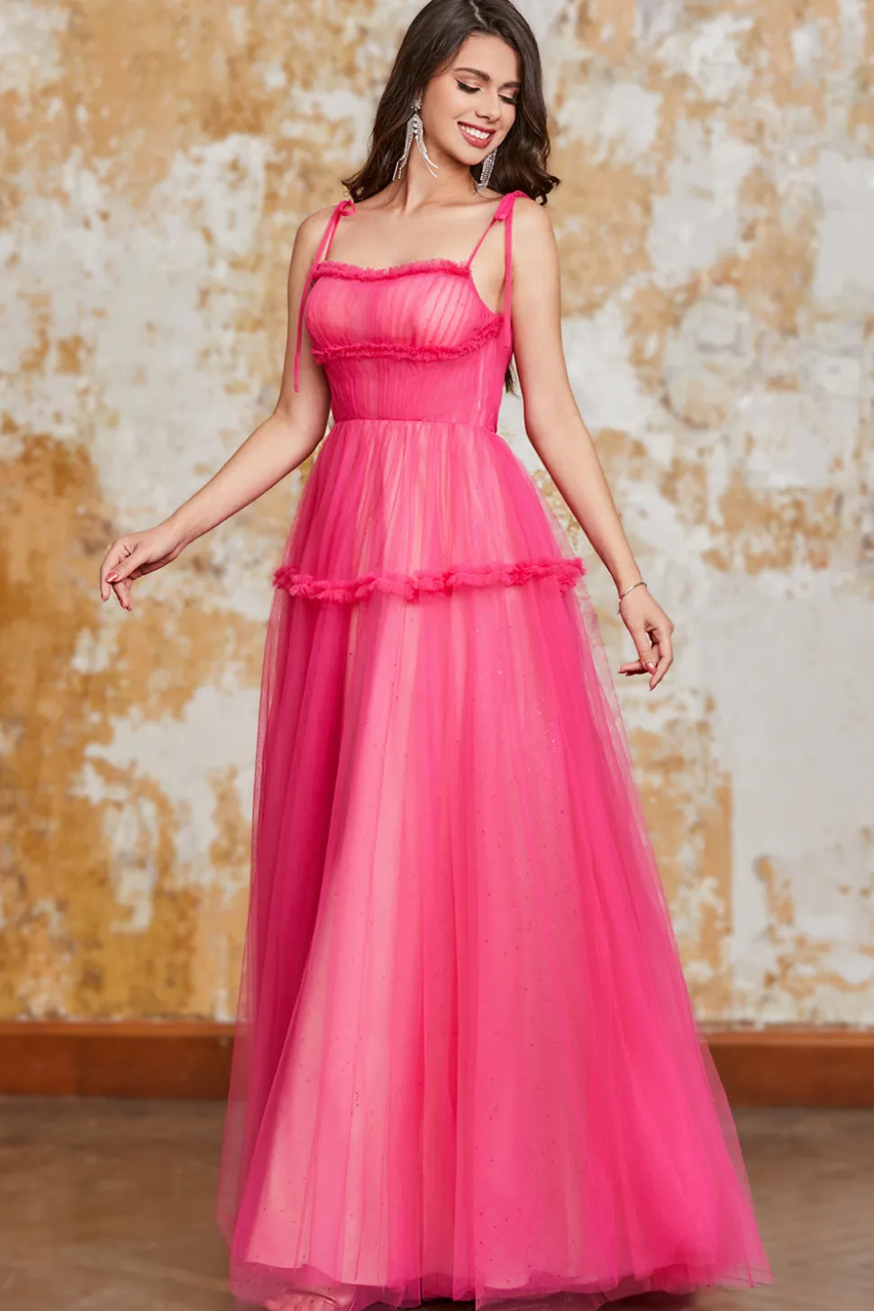 Princesa A Line Spaghetti Correias Fuchsia Vestido Longo de Baile com Folhos