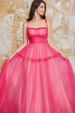 Princesa A Line Spaghetti Correias Fuchsia Vestido Longo de Baile com Folhos