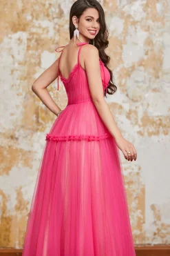 Princesa A Line Spaghetti Correias Fuchsia Vestido Longo de Baile com Folhos