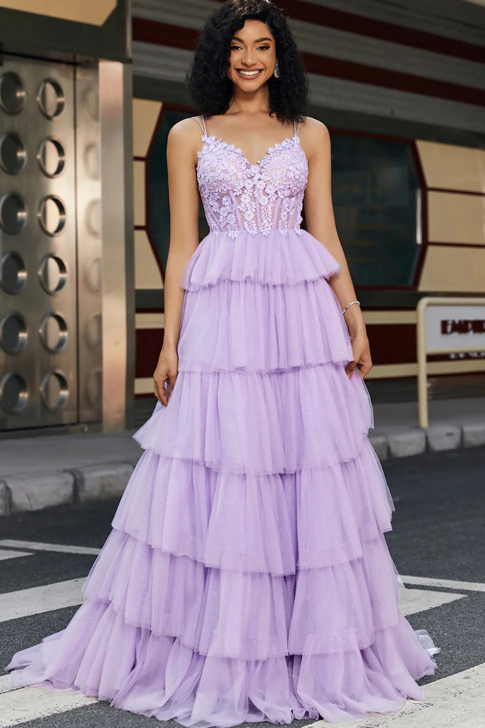 Princesa A Linha Esparguete Correias Lilás Corset Prom Dress com Apliques Ruffles