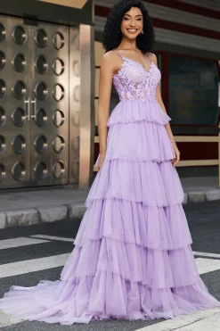 Princesa A Linha Esparguete Correias Lilás Corset Prom Dress com Apliques Ruffles
