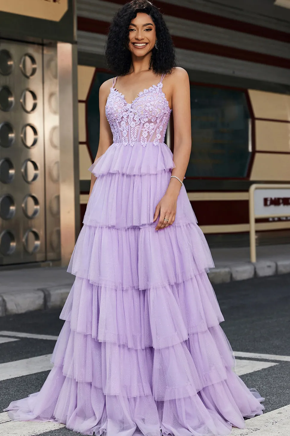 Princesa A Linha Esparguete Correias Lilás Corset Prom Dress com Apliques Ruffles