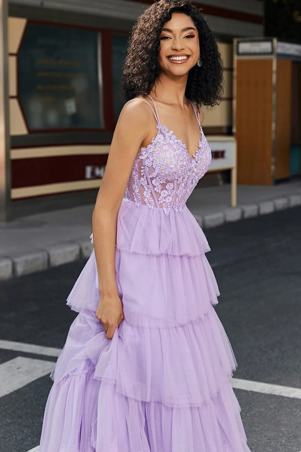 Princesa A Linha Esparguete Correias Lilás Corset Prom Dress com Apliques Ruffles