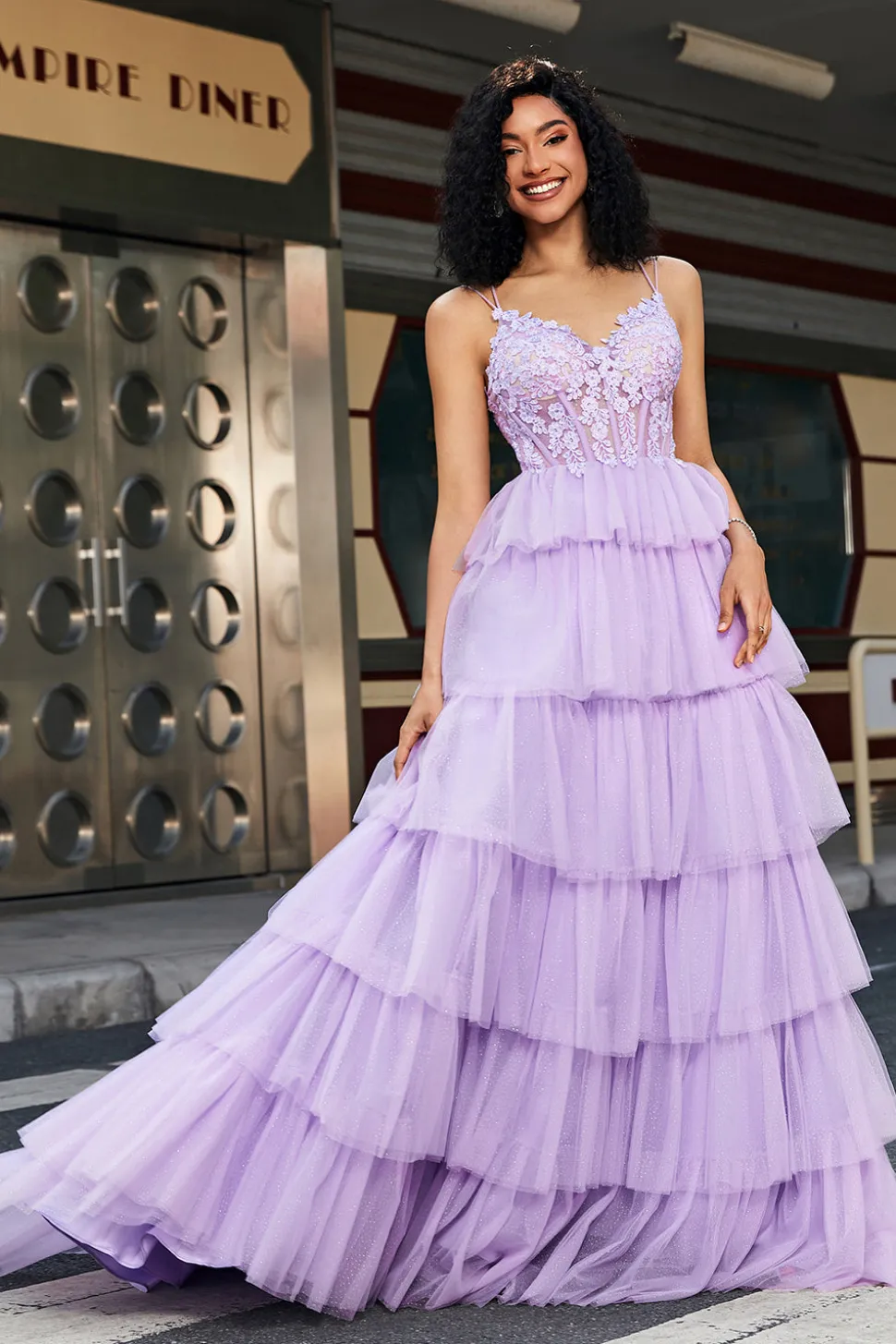 Princesa A Linha Esparguete Correias Lilás Corset Prom Dress com Apliques Ruffles