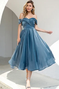 Princesa A Linha Fora do Ombro Grey Blue Prom Party Dress