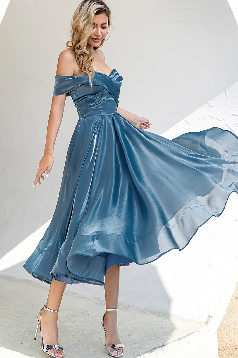 Princesa A Linha Fora do Ombro Grey Blue Prom Party Dress