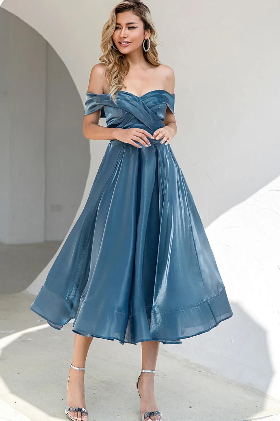 Princesa A Linha Fora do Ombro Grey Blue Prom Party Dress