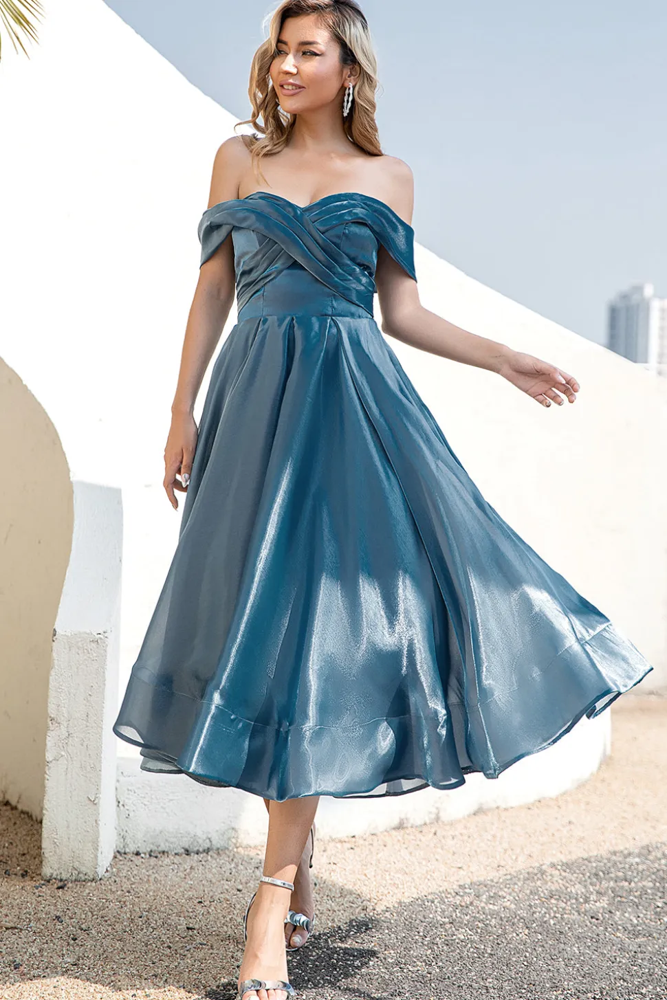 Princesa A Linha Fora do Ombro Grey Blue Prom Party Dress