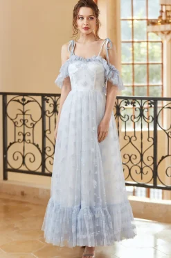 Princesa A linha fora do ombro leve azul longo vestido de baile longo