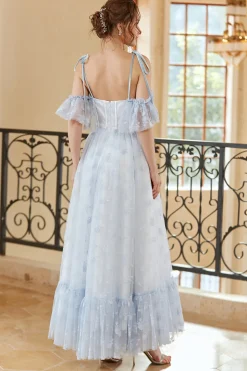 Princesa A linha fora do ombro leve azul longo vestido de baile longo