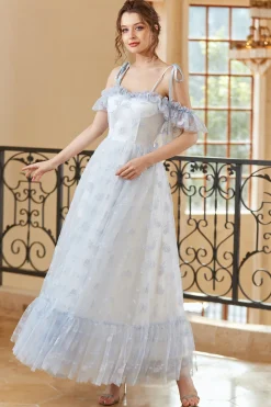 Princesa A linha fora do ombro leve azul longo vestido de baile longo
