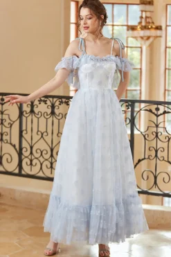 Princesa A linha fora do ombro leve azul longo vestido de baile longo