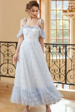 Princesa A linha fora do ombro leve azul longo vestido de baile longo