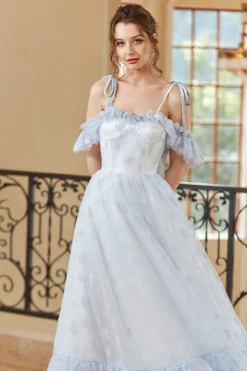 Princesa A linha fora do ombro leve azul longo vestido de baile longo