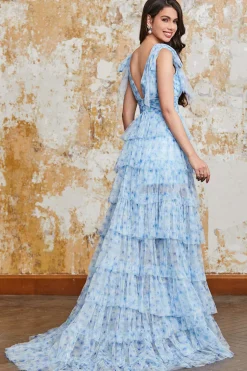 Princesa A Linha V Pescoço Azul Vestido Longo Baile com Folhos Fenda