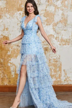 Princesa A Linha V Pescoço Azul Vestido Longo Baile com Folhos Fenda