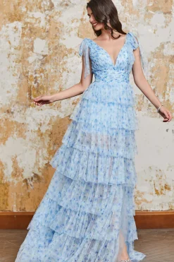 Princesa A Linha V Pescoço Azul Vestido Longo Baile com Folhos Fenda